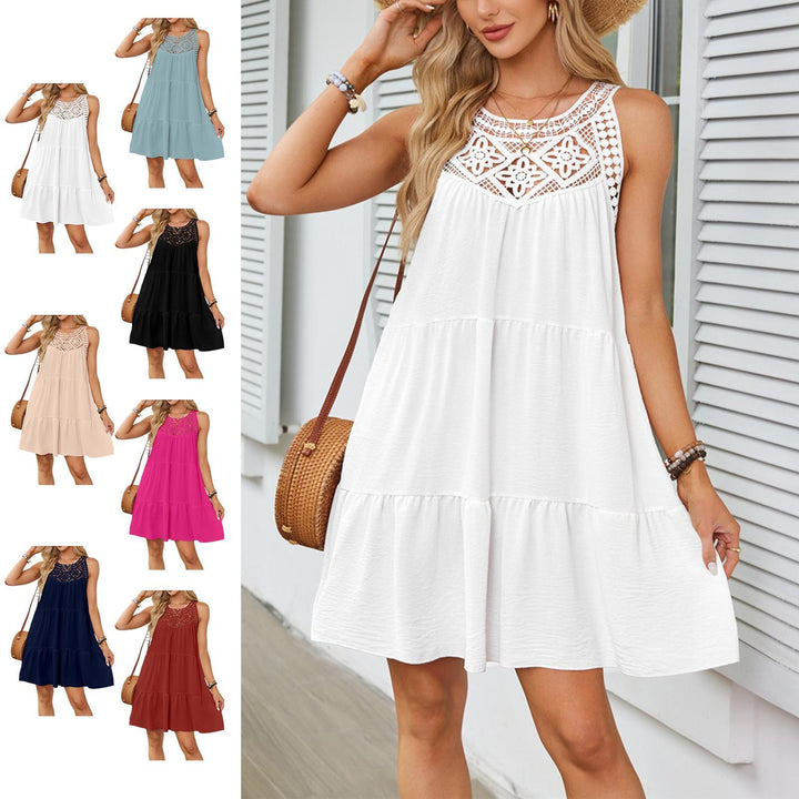 Halter Neck Mini Dress Hollow Out Loose Sleeveless Swing Dresses Summer A Line Sundresses for Daily Wear skilful