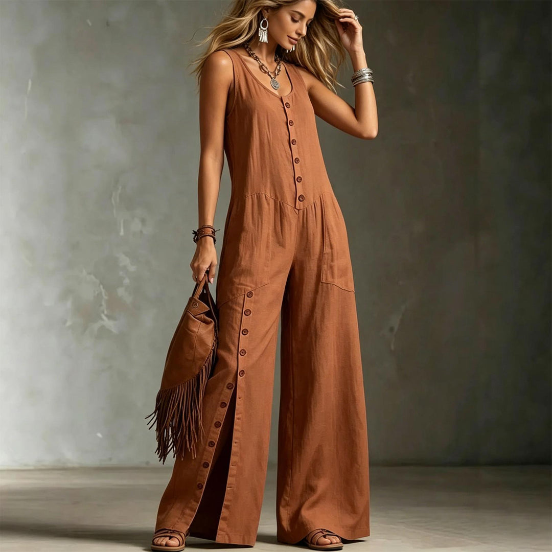 Button Down Jumpsuit for Women Button Up Wide Legs Pants Fashion Sleeveless Overall with Pockets for Beach beautiful
