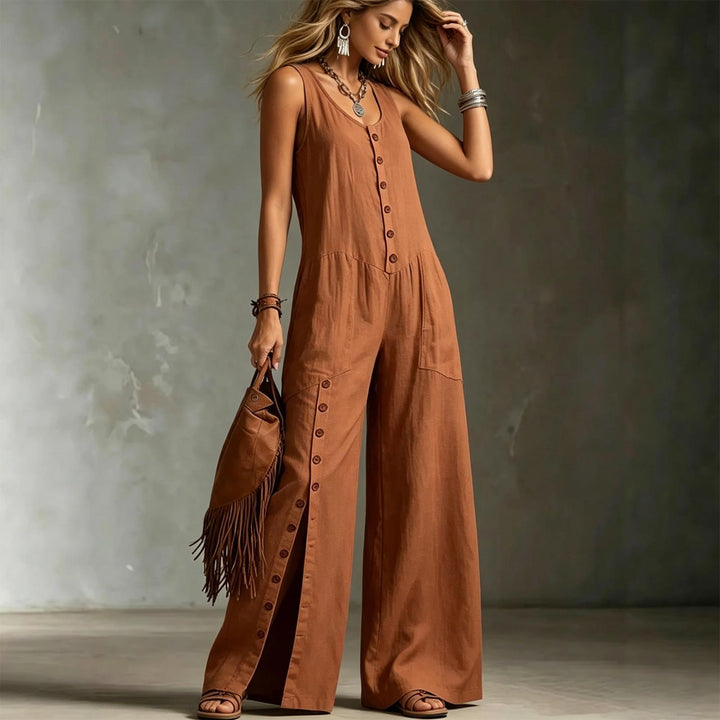 Button Down Jumpsuit for Women Button Up Wide Legs Pants Fashion Sleeveless Overall with Pockets for Beach beautiful