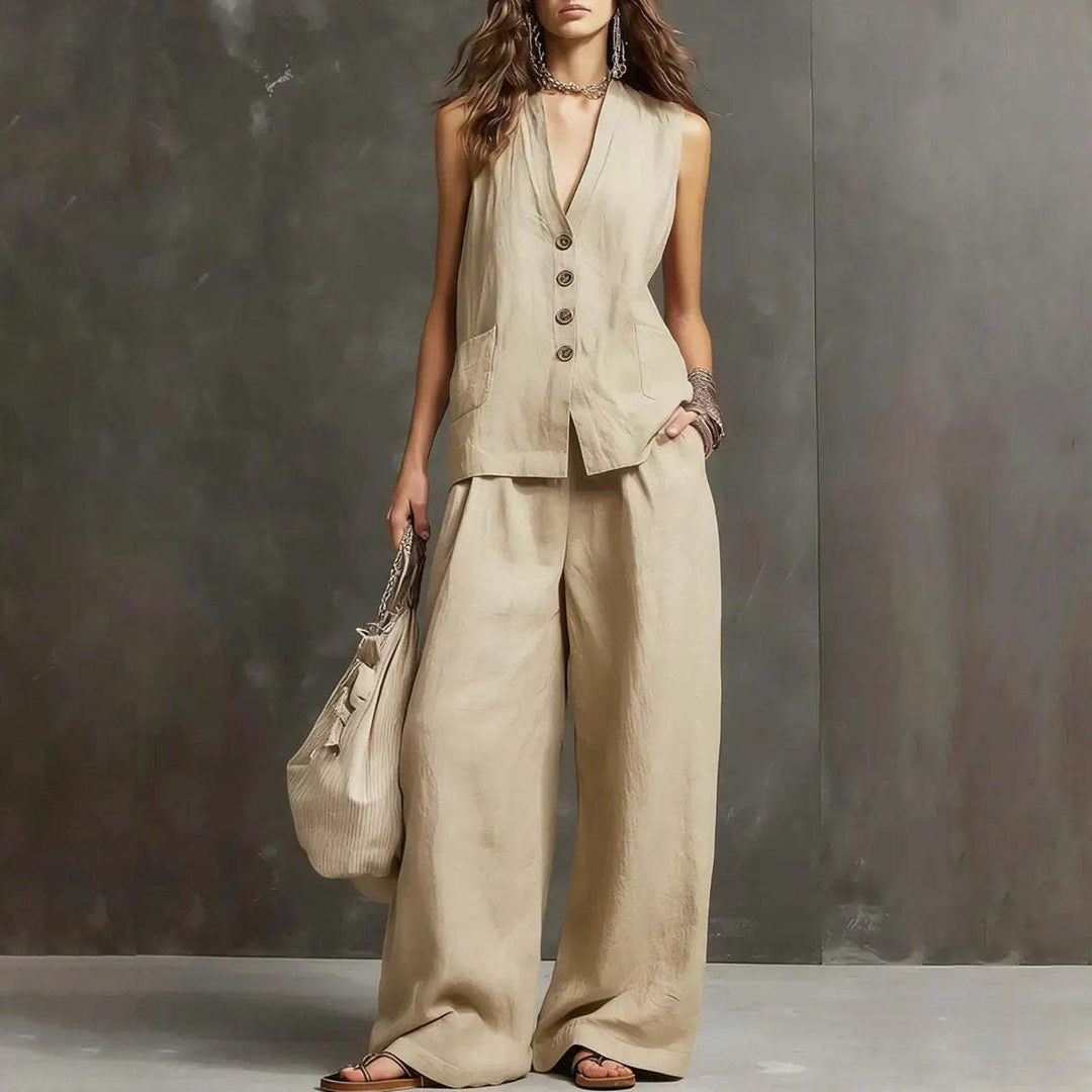 Womens Vest and Pants Set Two Piece Button Down Vest Top and Wide Leg Pants Casual Outfits for Work Travel ideal