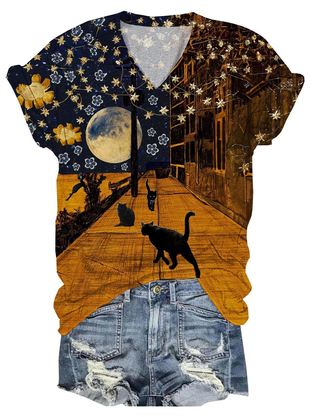 Cat Under Night Light V-Neck Short Sleeve T-Shirt