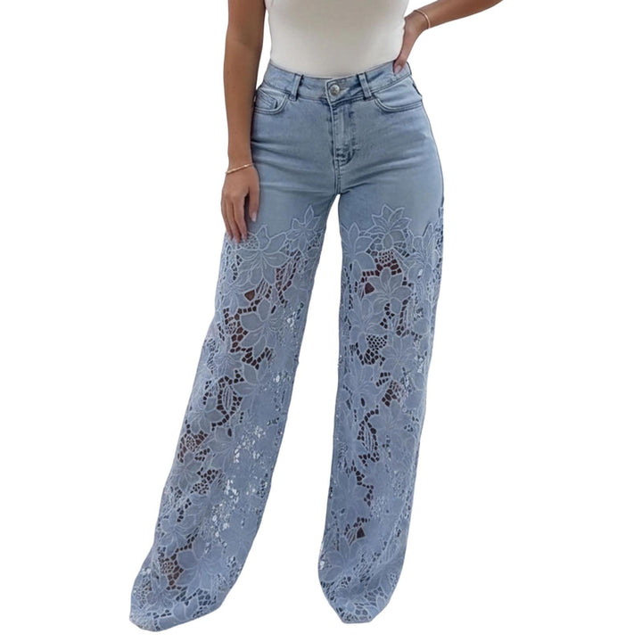 Lace Jeans for Women Hollow Lace Spliced High Waisted Fashion Jeans Loose Fit Denim Pants for Daily Wear exceptional