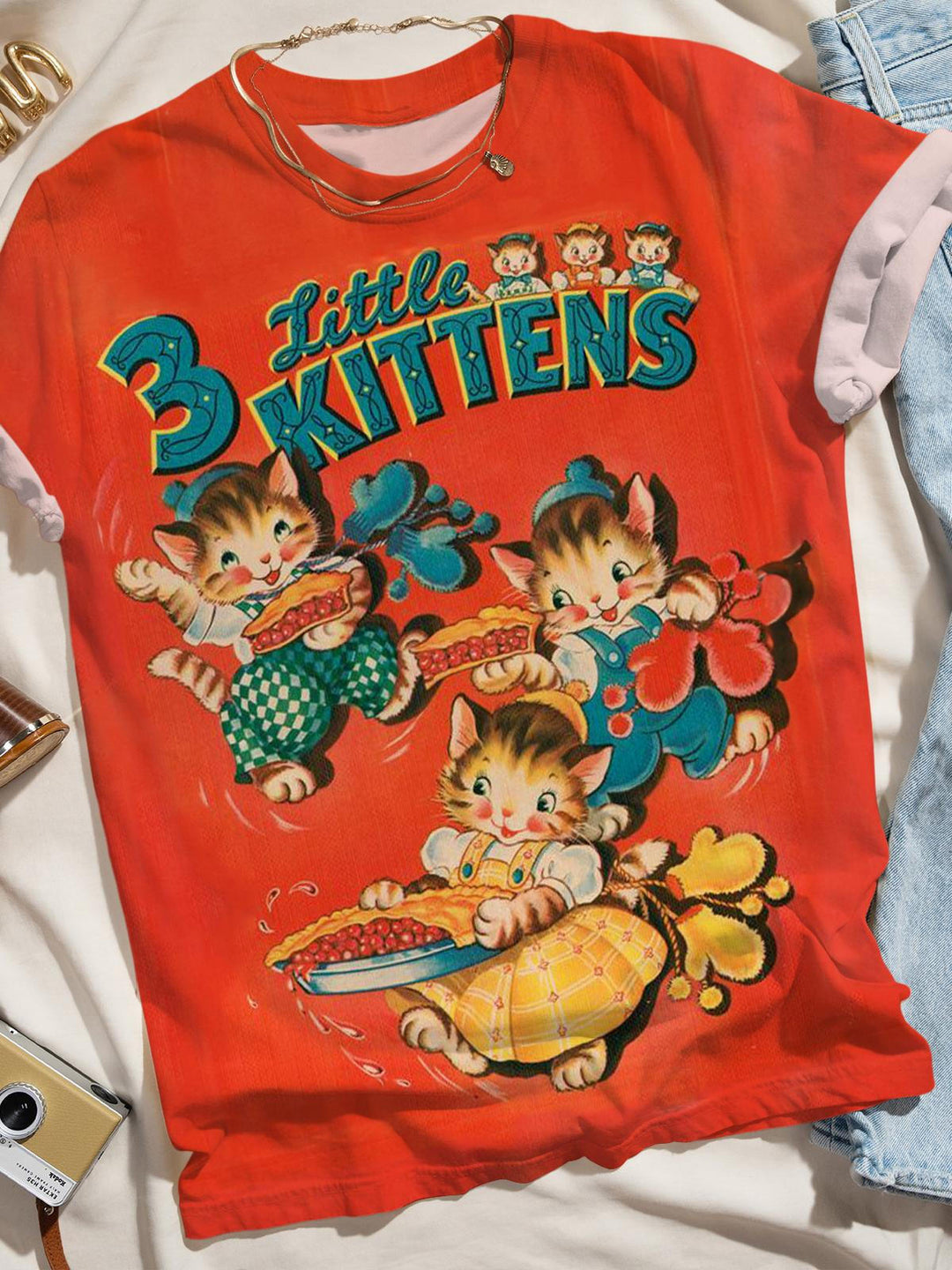 Vintage 3 Little Kiitens Crew Neck T-shirt