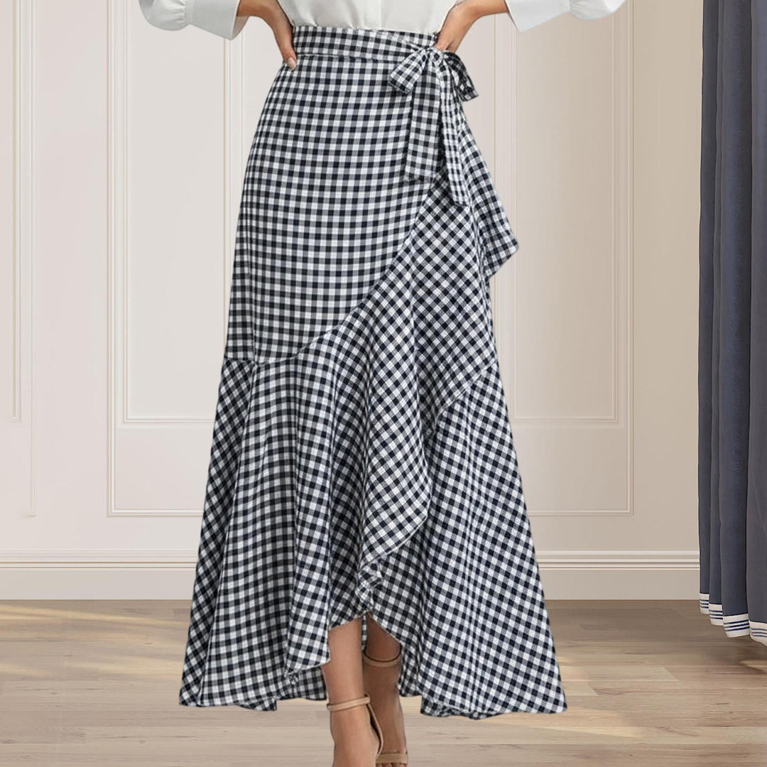 Long Plaid Skirt Mermaid A Line Women High Waist Flowy Ruffle High Low Skirts Waist Tie Clothes Daily Wear capable