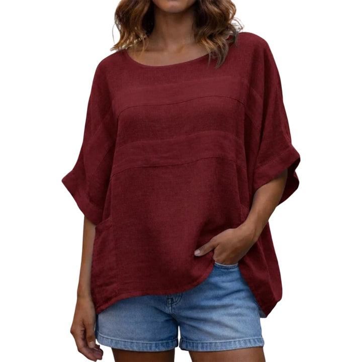 Women's Linen Shirt 3/4 Batwing Sleeve Summer Casual Crewneck Shirts Lightweight Flowy Blouses for Travel reasonable