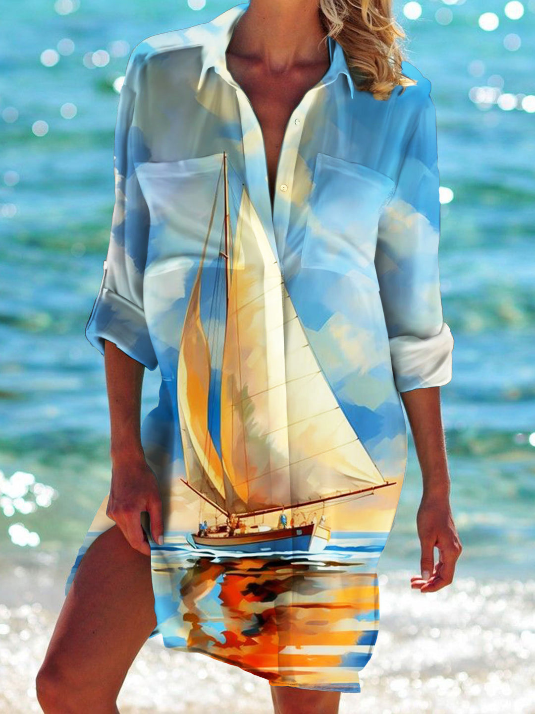 Summer Boat Print Long Sleeve Beach Shirt Dress