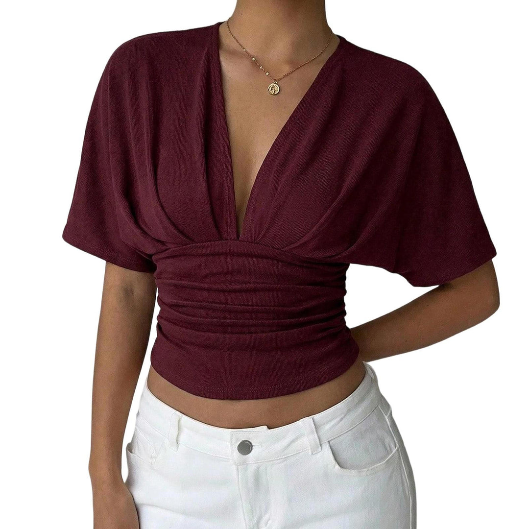 Cinch Waist Tops for Women Ruched Deep V Neck Crop Tops Sexy Summer T Shirts Short Sleeve for Travel Dating original