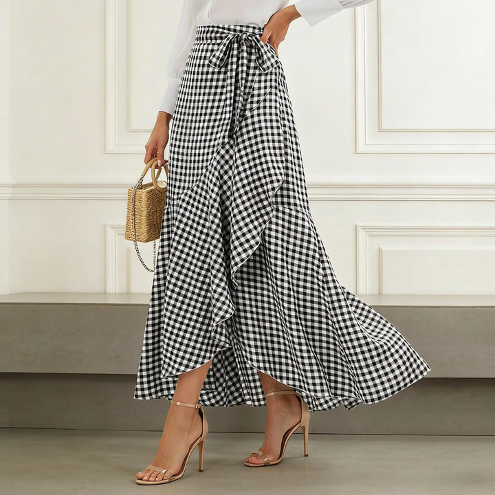 Long Plaid Skirt Mermaid A Line Women High Waist Flowy Ruffle High Low Skirts Waist Tie Clothes Daily Wear capable