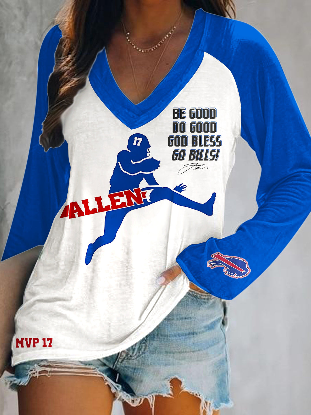 Buffalo Bills Football Print V-Neck Long Sleeve Top