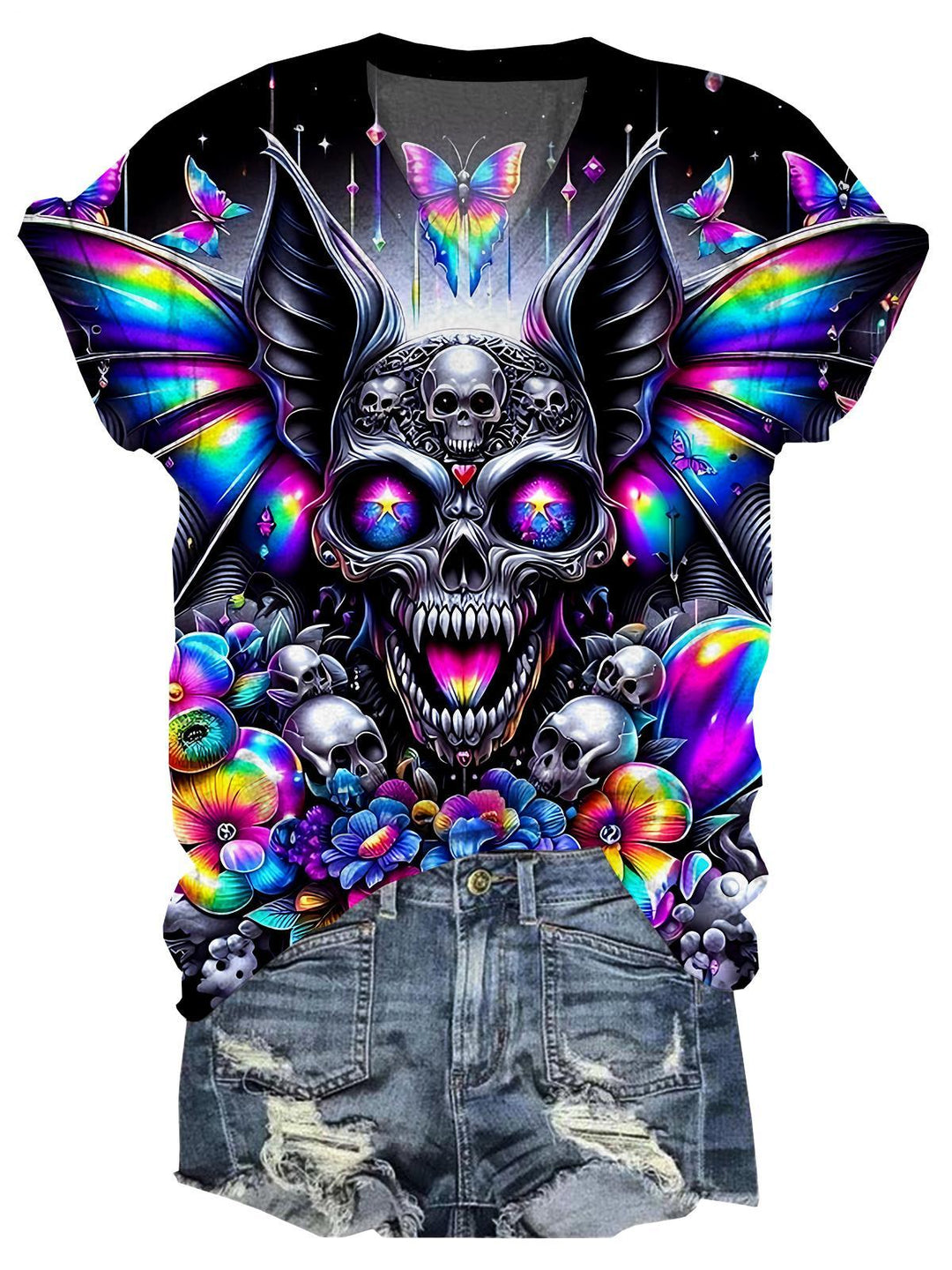 Skull Floral V-neck T-Shirt