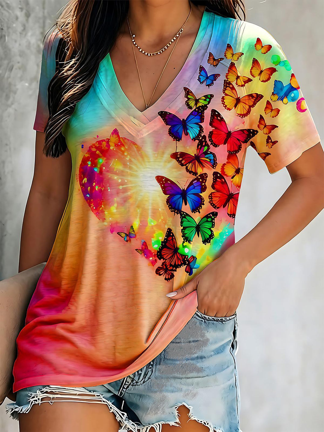 Colorful Heart Gradient Butterflies Short Sleeve V Neck Print Top
