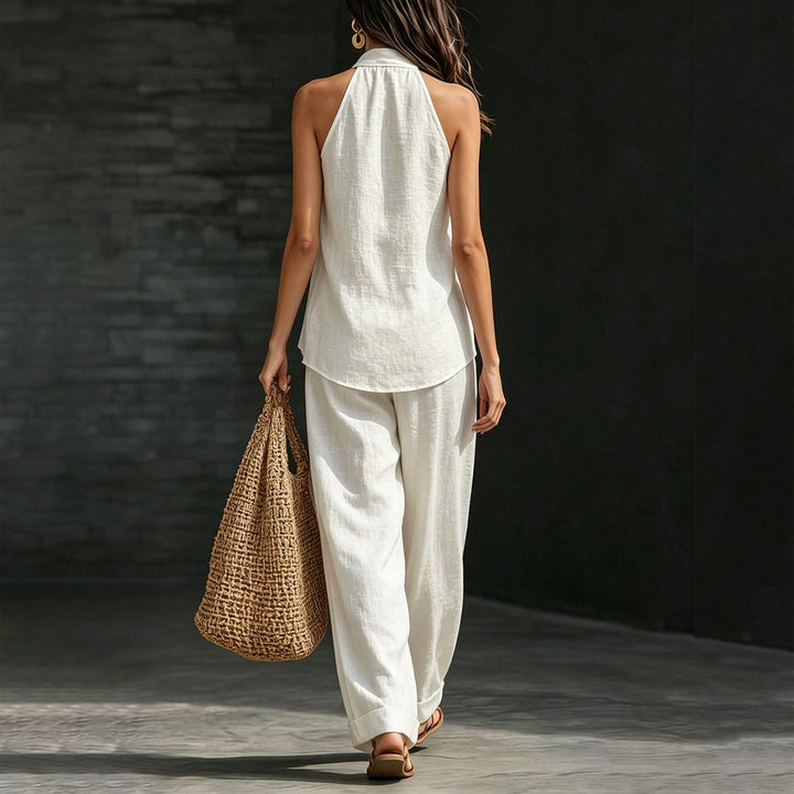 Summer Outfits for Women 2 Piece Set Deep V Neck Sleeveless Loose Fit Halter Top and Wide Leg Pants for Beach classical