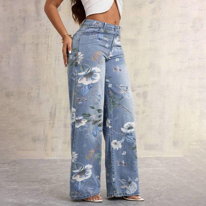 Floral Print Jeans for Women Mid Rise Trendy Jeans Wide Leg Casual Denim Pants with Pockets for Vacation grand