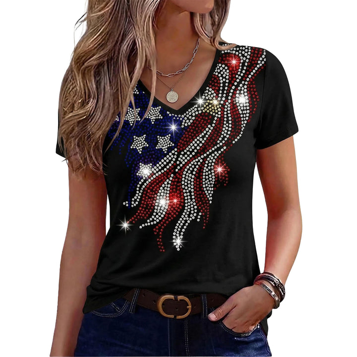 July 4th Shirts for Women Rhinestone V Neck 4th of July T Shirts 250th Birthday Patriotic Flag Tees for Daily well-liked