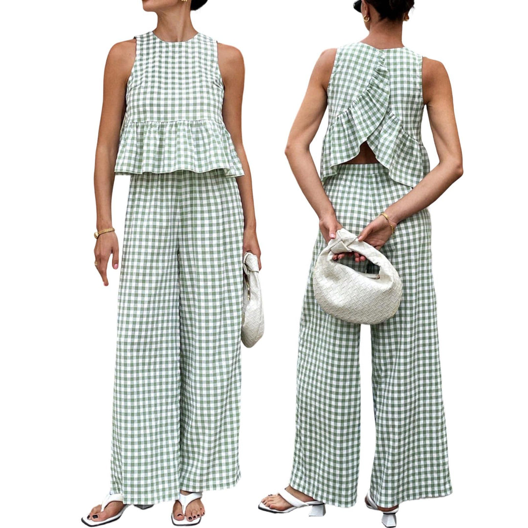 Womens Gingham Set Ruffle Plaid Peplum Tops and Pants Summer Vacation Going Out Sets for Daily Wear Beach admired
