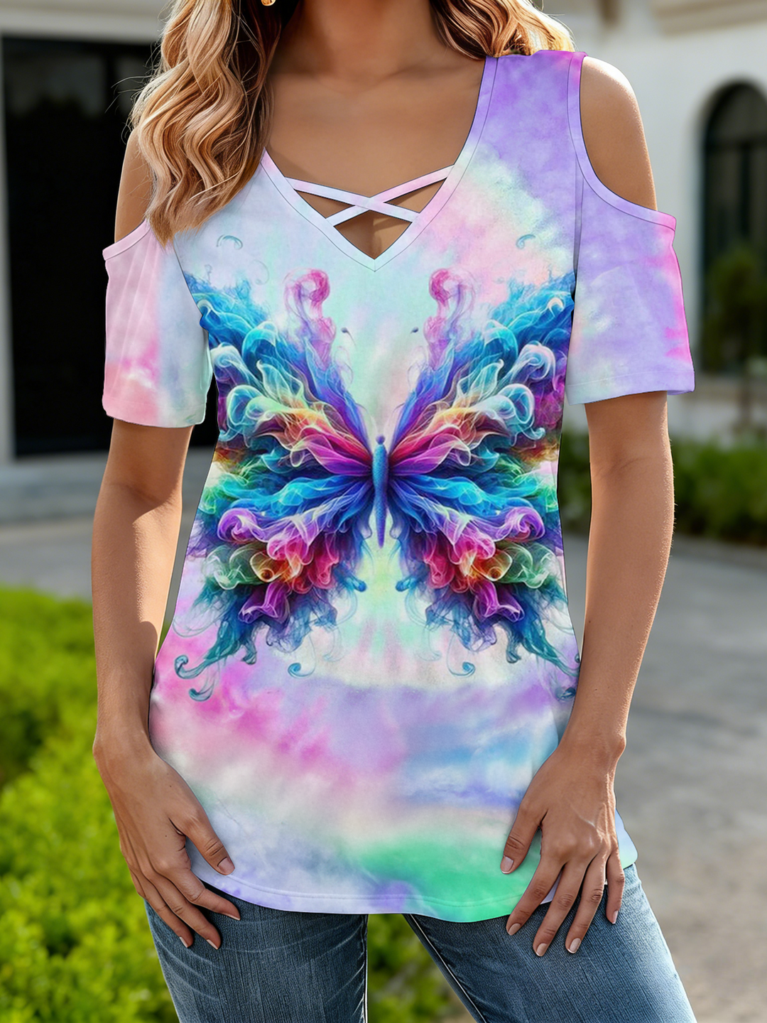 Women's Tie Dye Butterfly Off-Shoulder V-Neck T-Shirt