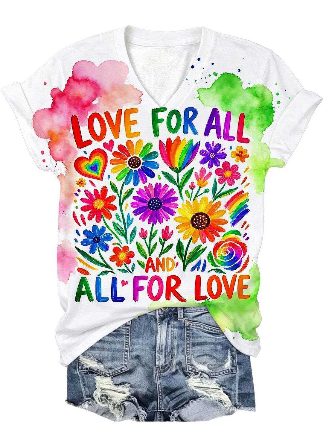 Tie Dye Floral Women's Short Sleeve V Neck T-Shirt