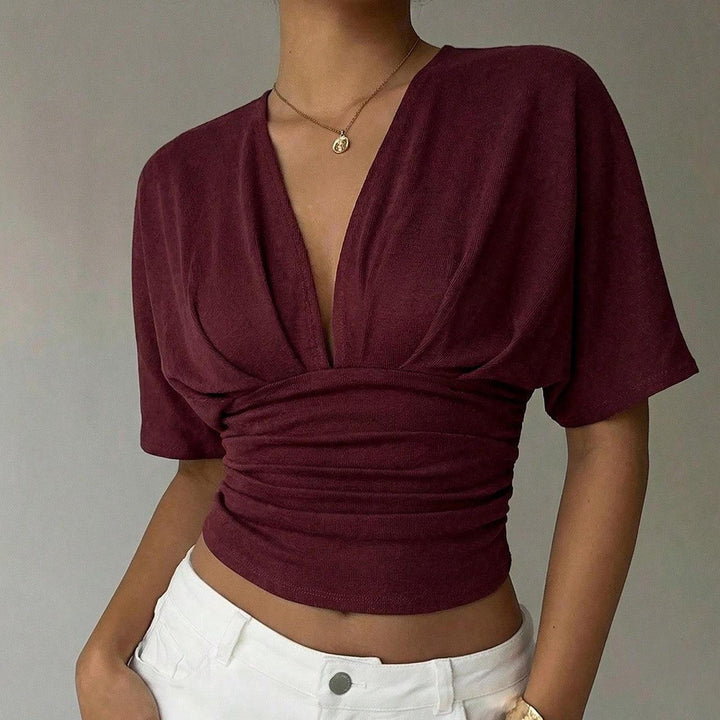 Cinch Waist Tops for Women Ruched Deep V Neck Crop Tops Sexy Summer T Shirts Short Sleeve for Travel Dating original