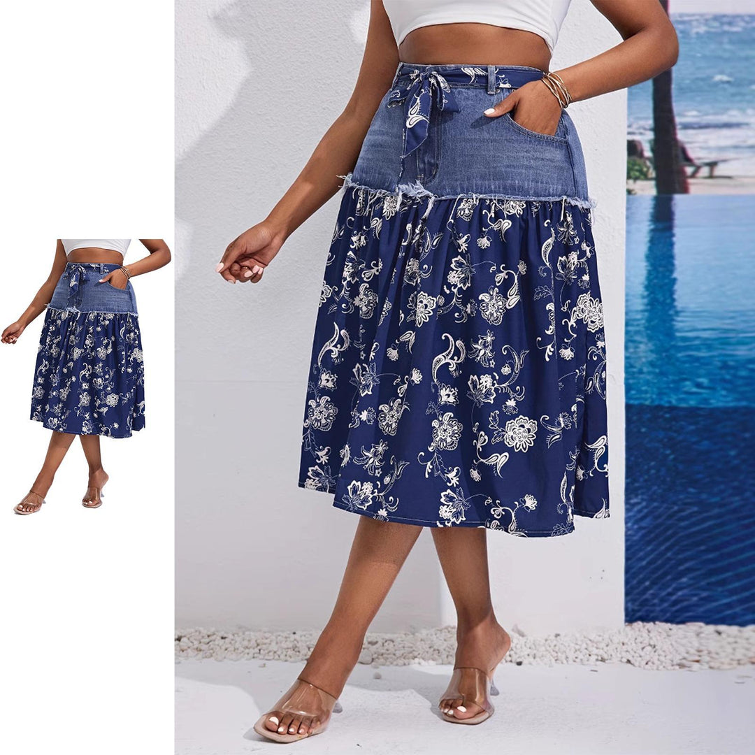 Midi Denim Skirt Floral Print High Waisted A Line Denim Chiffon Splicing Flowy Skirt for Dating Vacation beautifully