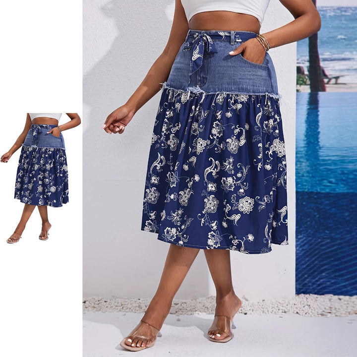 Midi Denim Skirt Floral Print High Waisted A Line Denim Chiffon Splicing Flowy Skirt for Dating Vacation beautifully
