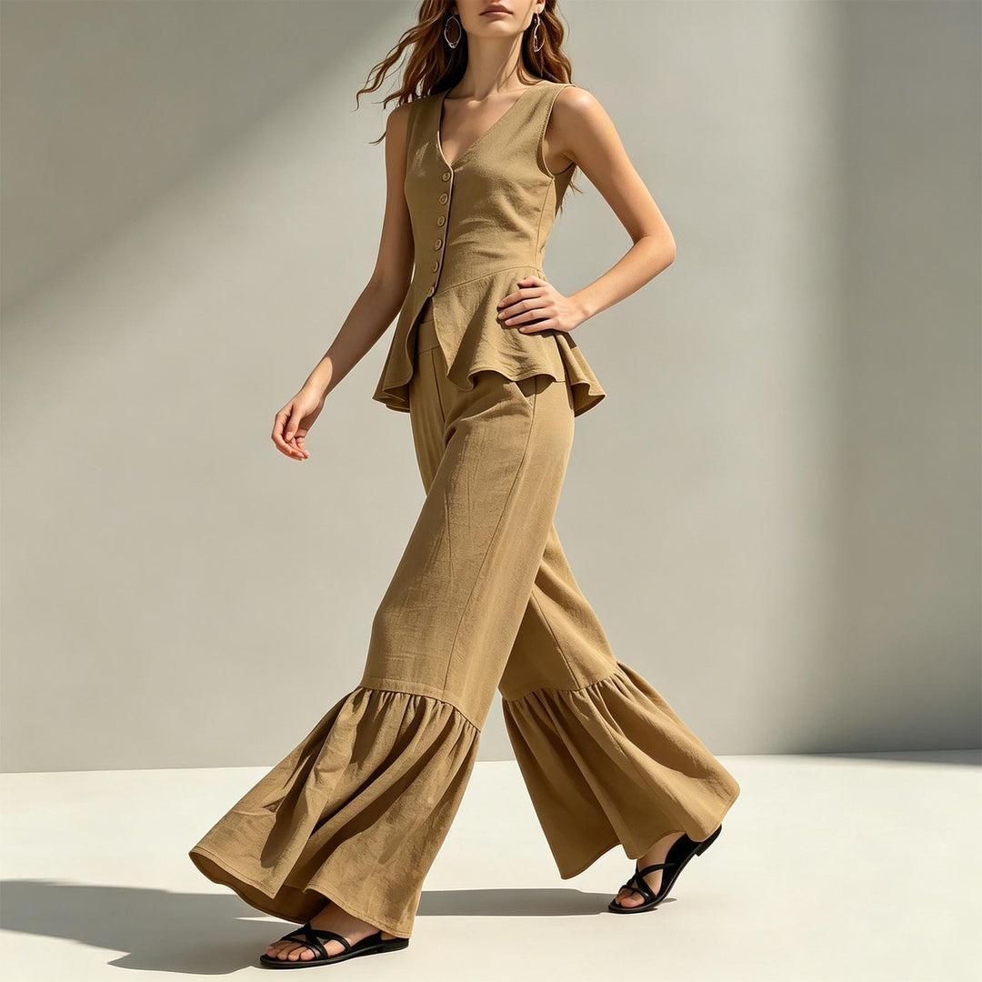 Women Two Piece Outfits Sets V Neck Sleeveless Peplum Top and Ruffle Flare Leg Pants Set for Dating Travel astonishing