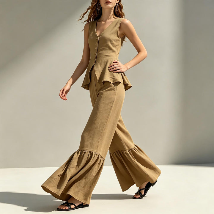 Women Two Piece Outfits Sets V Neck Sleeveless Peplum Top and Ruffle Flare Leg Pants Set for Dating Travel astonishing