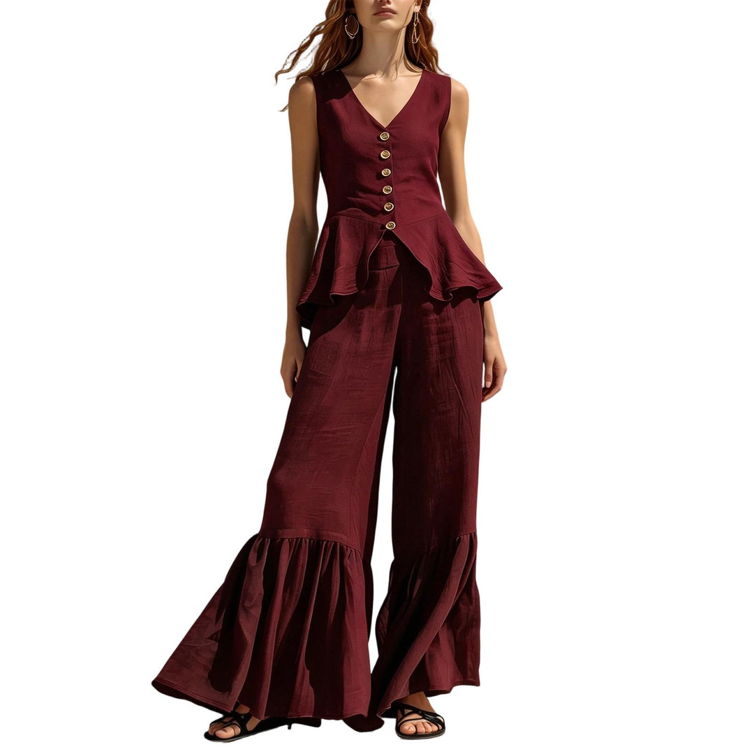 Women Two Piece Outfits Sets V Neck Sleeveless Peplum Top and Ruffle Flare Leg Pants Set for Dating Travel astonishing