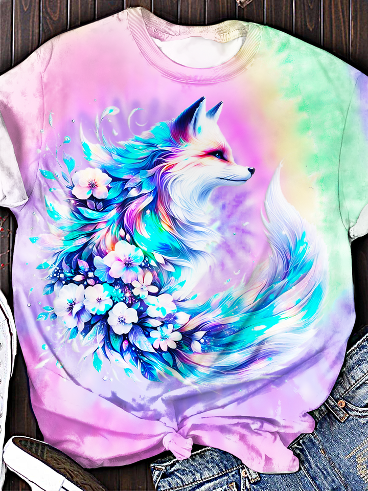 Shining Floral Fox Crew Neck T-shirt