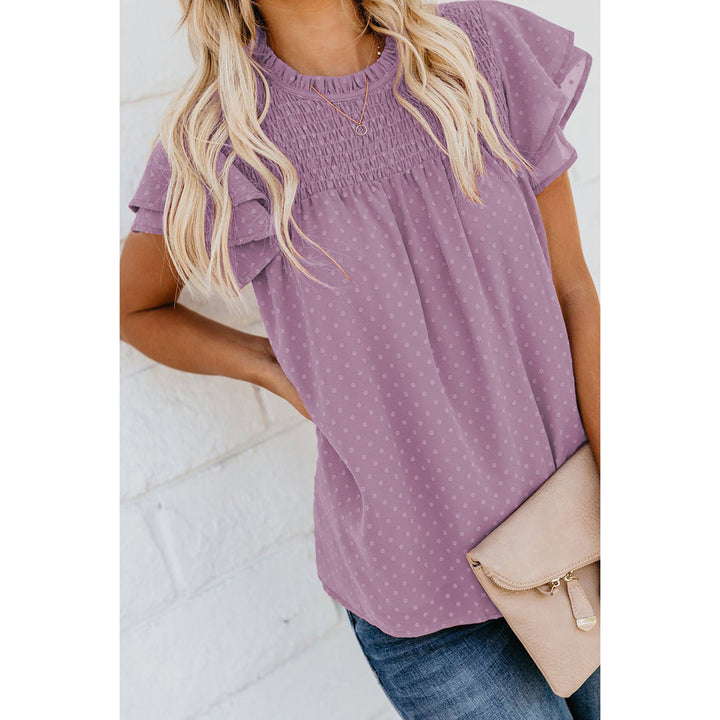 Womens Ruffle Short Sleeve Blouse Dot Smocked Crewneck Summer Flowy Chiffon Shirts Pullover Tops for Travel expedient