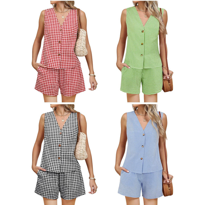 2 Piece Shorts Set for Women Plaid Print Button Down Tank Top and Shorts Outfits Summer Loungewear for Travel compatible