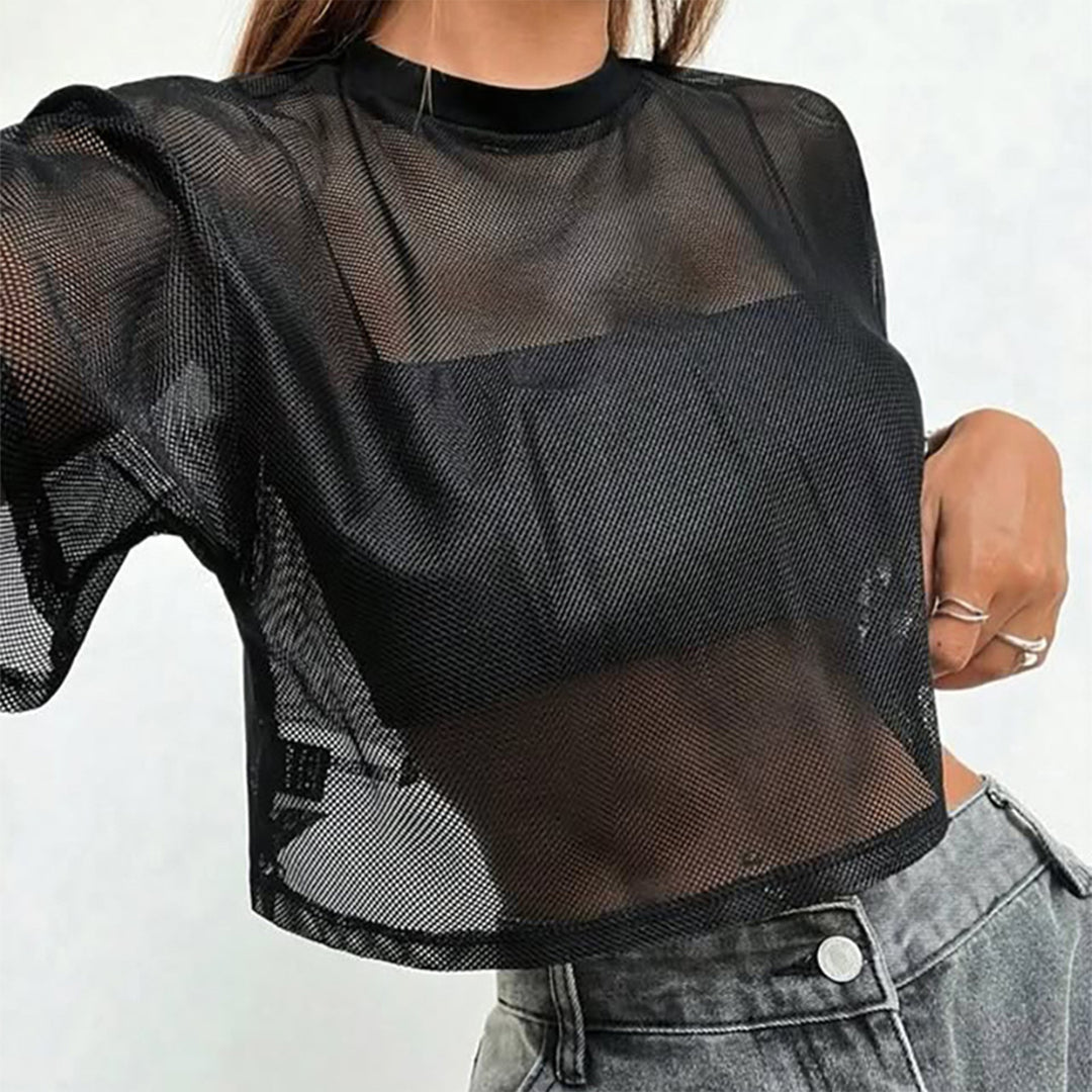 Sheer Mesh Short Sleeve Tops for Women Crewneck Loose Fit See Through Sexy Tee Shirts Crop Tops Daily Wear decent