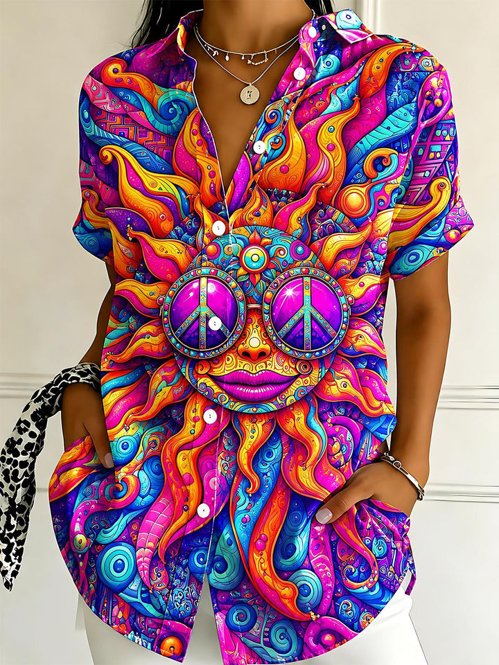 Hippie Psychedelic Colorful Sun Art Women's Short Sleeve Shirts