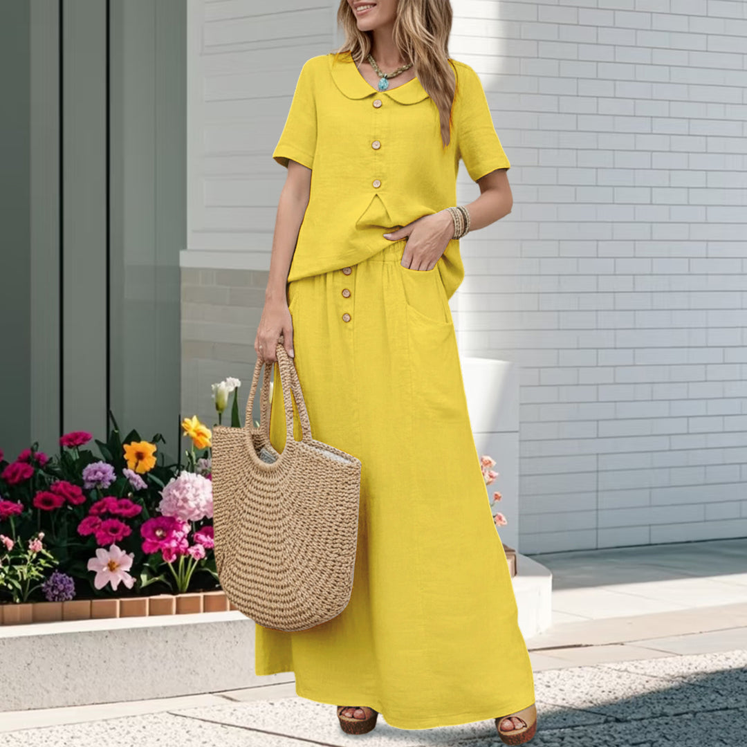 2 Piece Skirt Set Solid Cotton Two Piece Sets Short Sleeve Top and Maxi Skirt Casual Outfit for Daily Wear everywhere