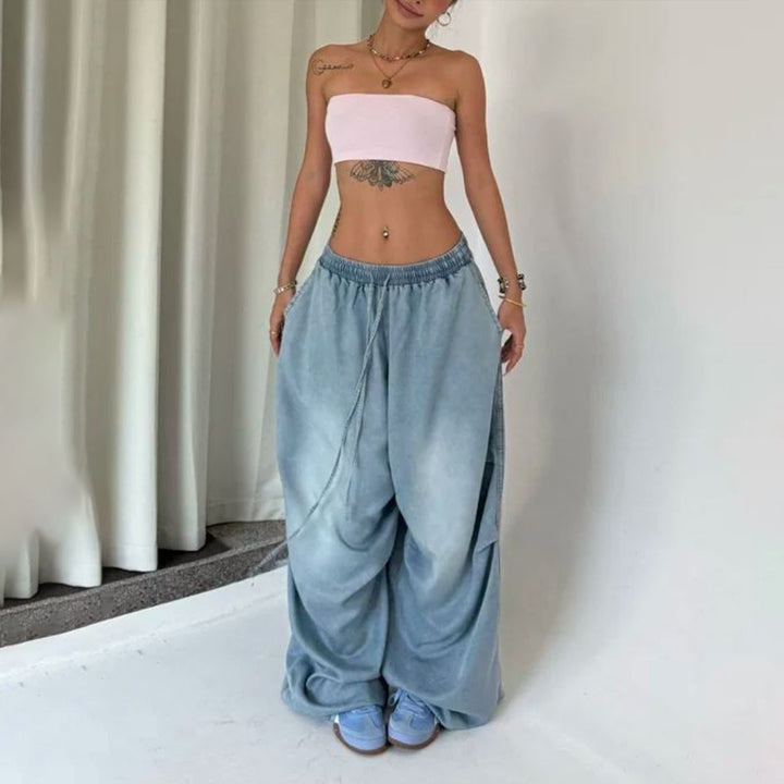 Womens Elastic Waist Jeans Low Rise Vintage Baggy Barrel Jeans Streetwear Loose Fit Denim Pants for Travel candid