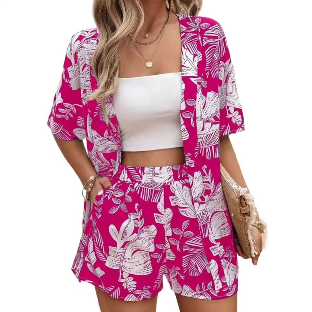 Beach 2 Piece Outfits for Women Boho Floral Leaf Summer Outfits Short Sleeve Shirt Beach Sets for Daily Wear favorable