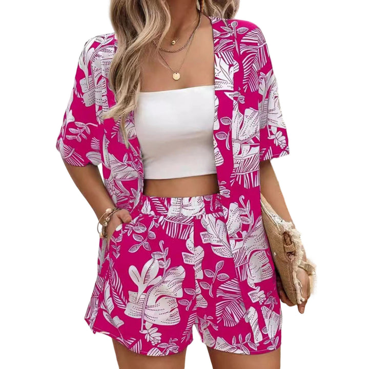 Beach 2 Piece Outfits for Women Boho Floral Leaf Summer Outfits Short Sleeve Shirt Beach Sets for Daily Wear favorable