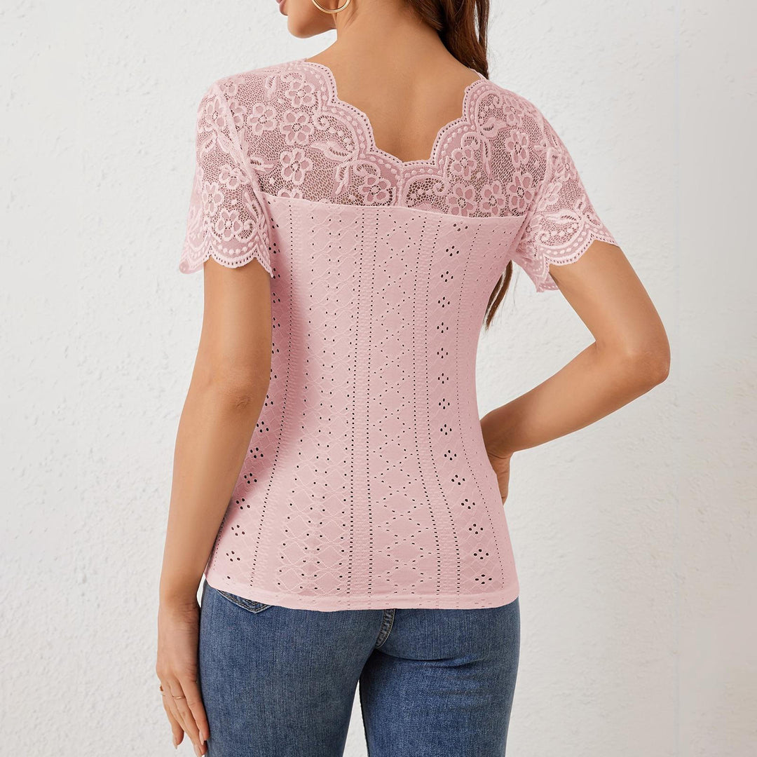 Womens Lace Shirt V Neck Dressy Casual Blouses Summer Fitted Shirts Short Sleeve for Going Out Commuting remarkable