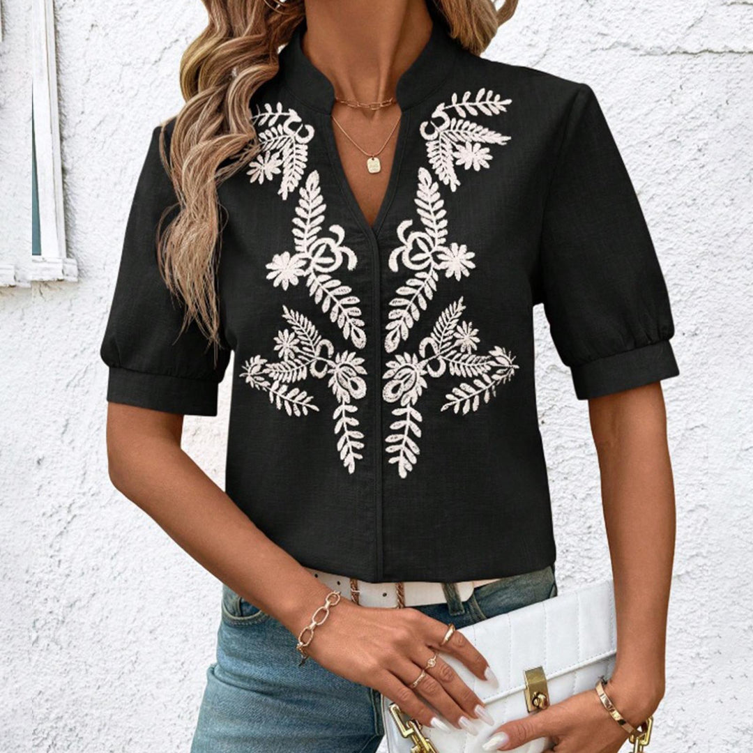Embroidered Blouses for Women V Neck Floral Embroidered Top Short Sleeve Blouses Fashion Clothes for Travel generous