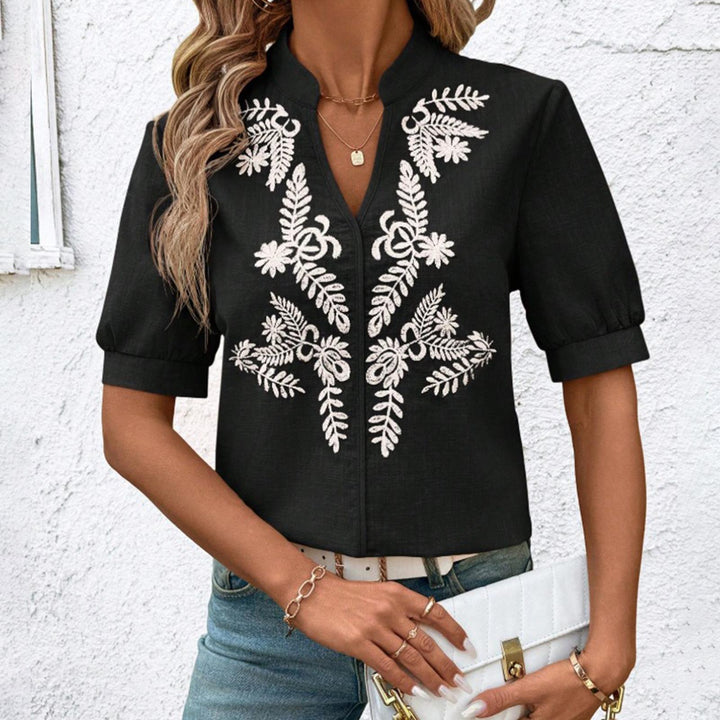 Embroidered Blouses for Women V Neck Floral Embroidered Top Short Sleeve Blouses Fashion Clothes for Travel generous