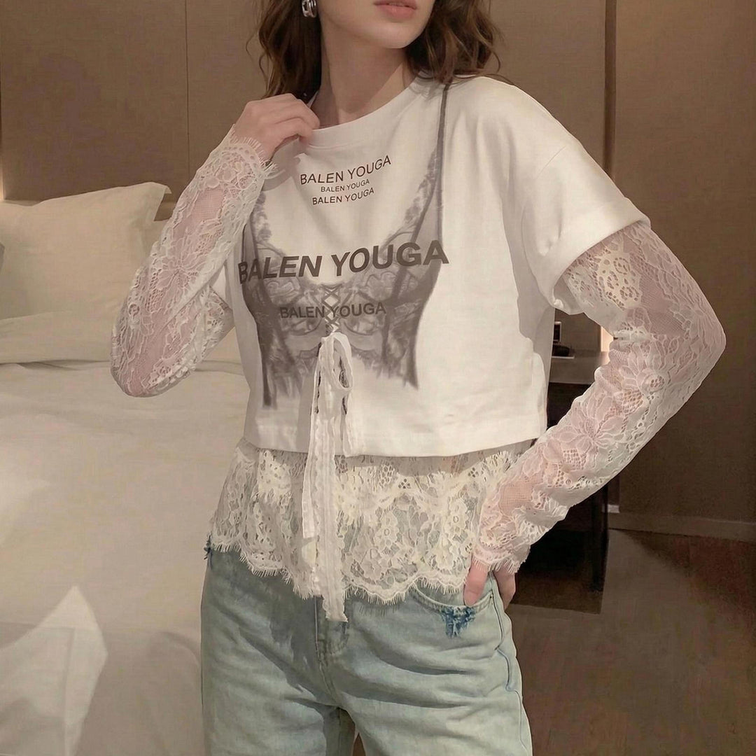 Lace Tshirt for Women Lace Splicing Long Sleeve Shirts Blouse Crew Neck Casual Layered Tee for Vacation Party superb