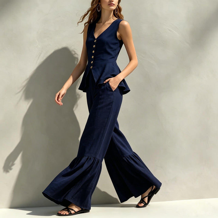 Women Two Piece Outfits Sets V Neck Sleeveless Peplum Top and Ruffle Flare Leg Pants Set for Dating Travel astonishing