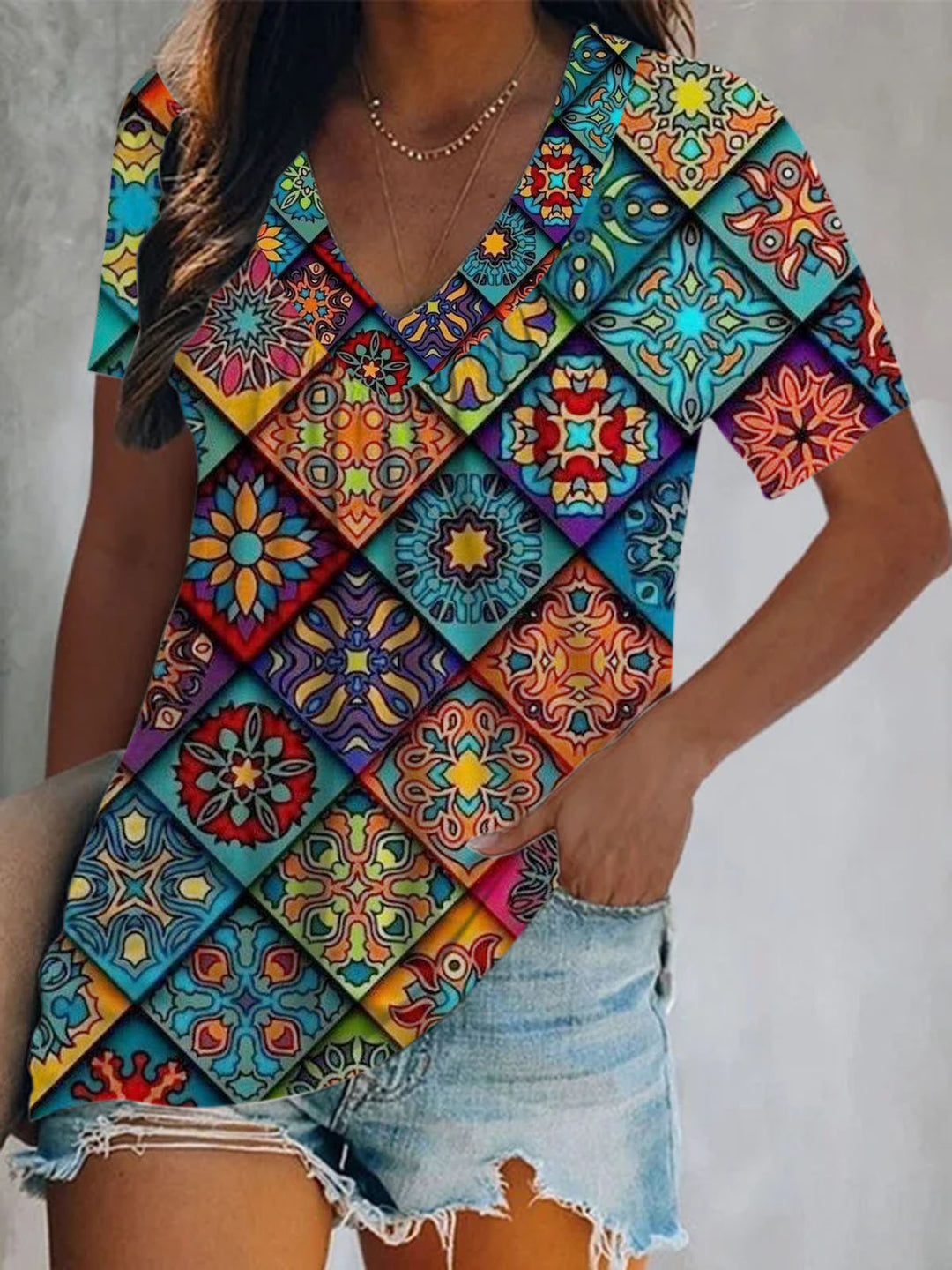 Vintage Mandala Short Sleeve V Neck Print Top