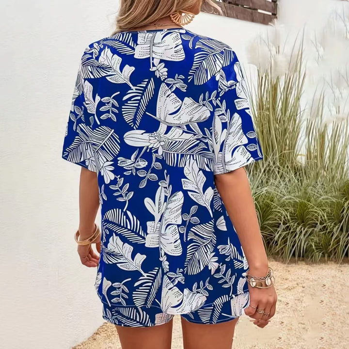 Beach 2 Piece Outfits for Women Boho Floral Leaf Summer Outfits Short Sleeve Shirt Beach Sets for Daily Wear favorable
