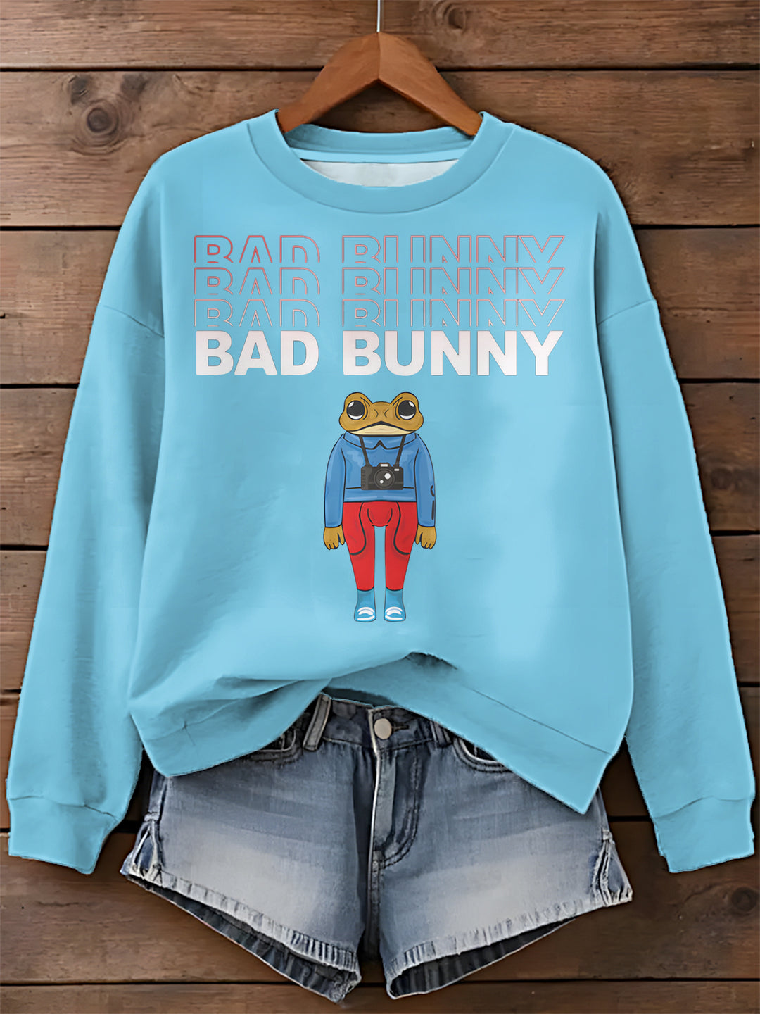 Bad Bunny Simple Frog Printed Long Sleeve Casual Top