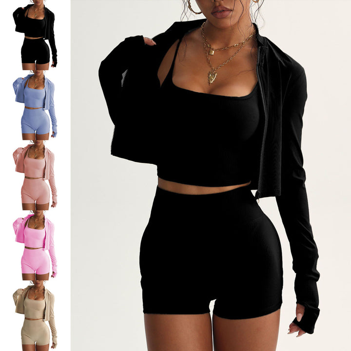 3 Piece Gym Set for Women Quick Dry High Waisted Shorts Crop Top Jacket Yoga Workout Outfit for Gym Daily present