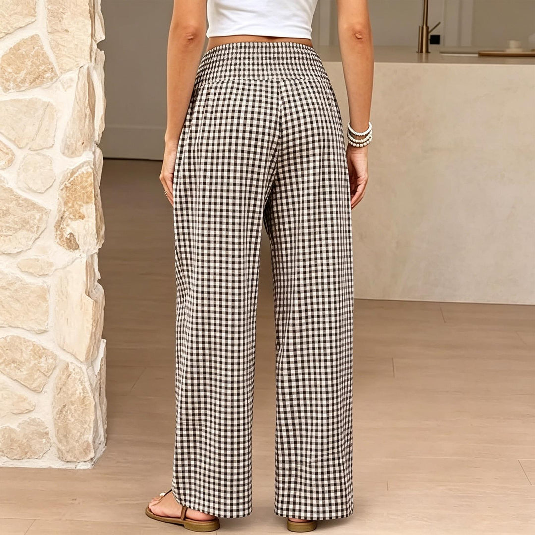 Women Gingham Pants Smocked Waist Plaid Pajama Lounge Pants Wide Leg Trousers with Pocket for Daily Wear gently
