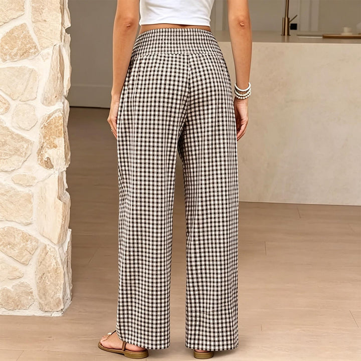 Women Gingham Pants Smocked Waist Plaid Pajama Lounge Pants Wide Leg Trousers with Pocket for Daily Wear gently