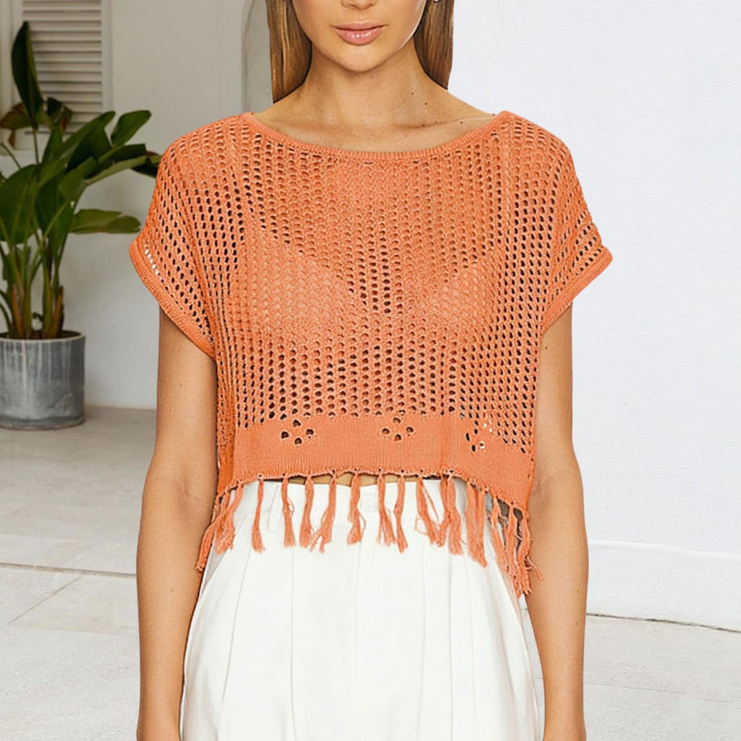 Crochet Tops for Women Tassel Hollow Out Summer Knit Top Crewneck Short Sleeve Pullover Cover Up for Travel usefulness