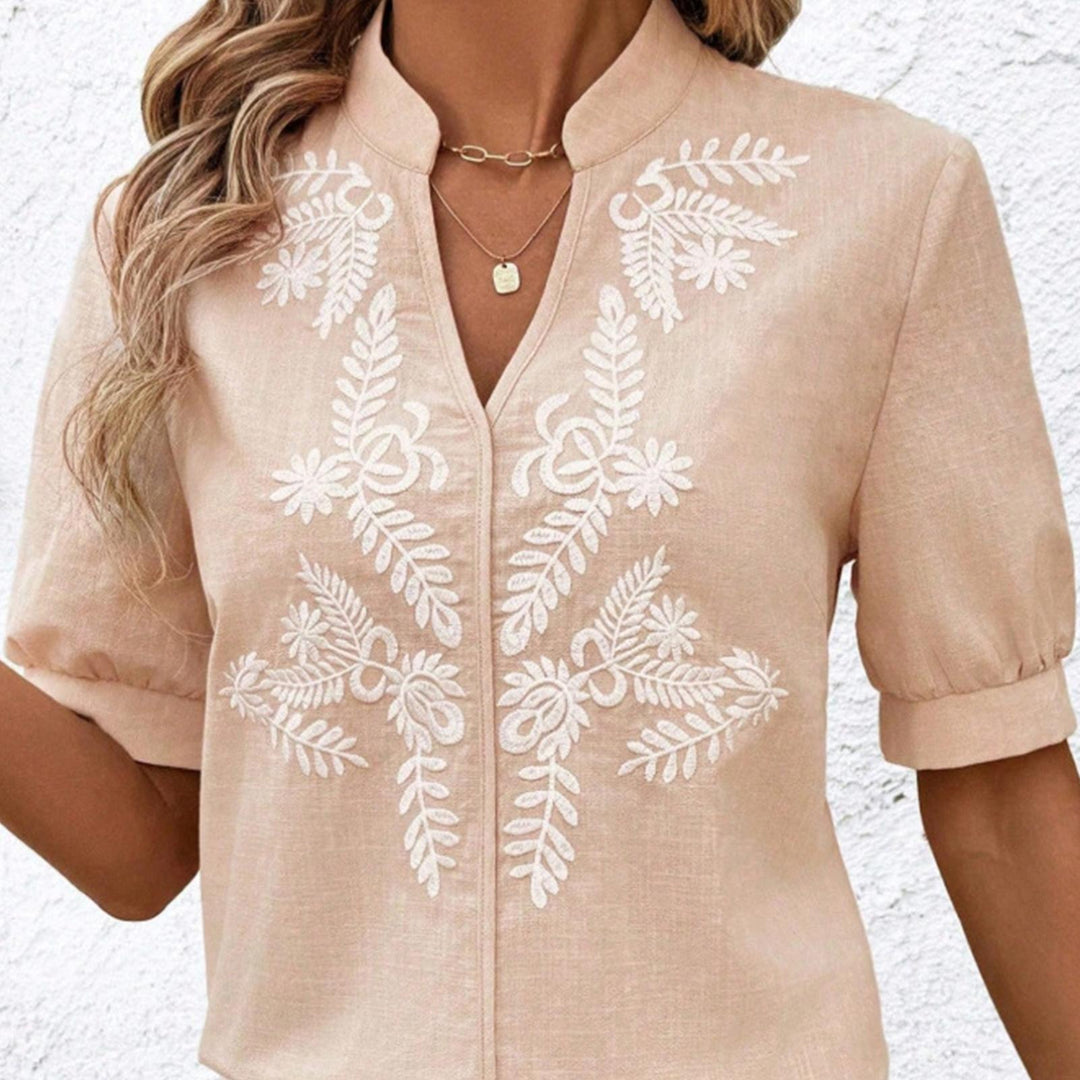 Embroidered Blouses for Women V Neck Floral Embroidered Top Short Sleeve Blouses Fashion Clothes for Travel generous