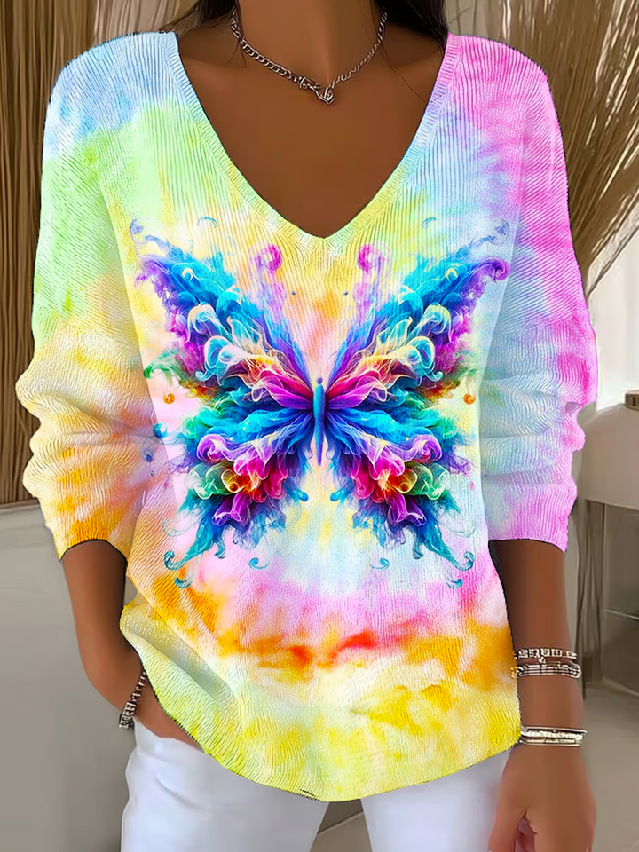 Colorful Hippie Smoke Butterfly Art Casual V Neck Pullover Sweater
